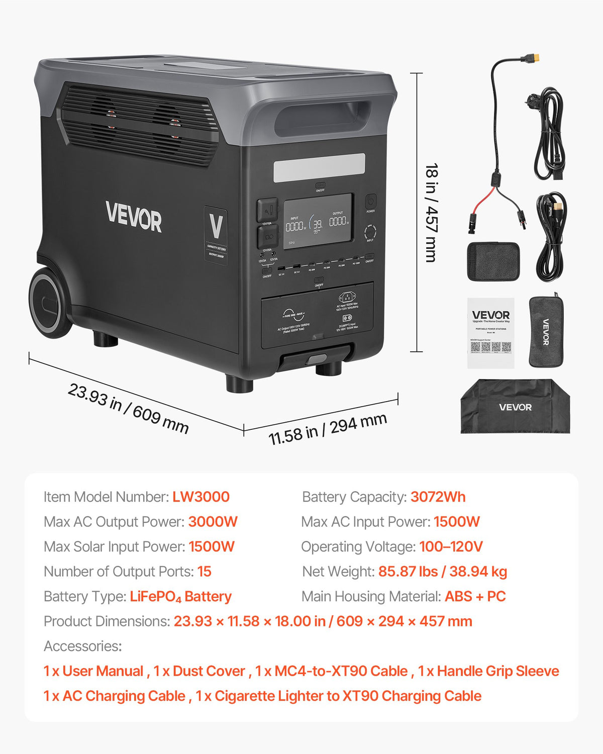 VEVOR Portable Power Station, 3000W Solar Generator Power Station, 3072Wh LiFePO4 Battery Backup with 15 Output Ports for for Home Emergency, Outdoor Camping, RV Travel (Solar Panel NOT Included) - DXCNDYWTYNB39QS59001V1 - view 8