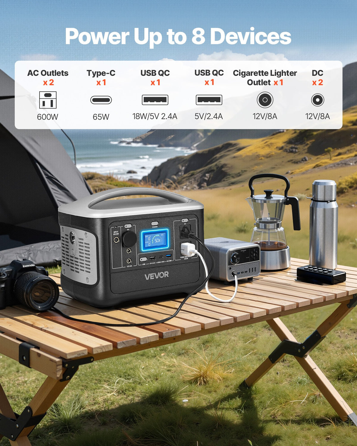 VEVOR Portable Power Station, 600W Solar Generator Power Station, 493Wh LiFePO4 Battery Backup with 8 Output Ports for Home Emergency, Outdoor Camping, RV Travel (Solar Panel NOT Included) - DXCNDYWTYNB5I6NQI001V1 - view 4