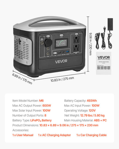 VEVOR Portable Power Station, 600W Solar Generator Power Station, 493Wh LiFePO4 Battery Backup with 8 Output Ports for Home Emergency, Outdoor Camping, RV Travel (Solar Panel NOT Included) - DXCNDYWTYNB5I6NQI001V1 - view 8