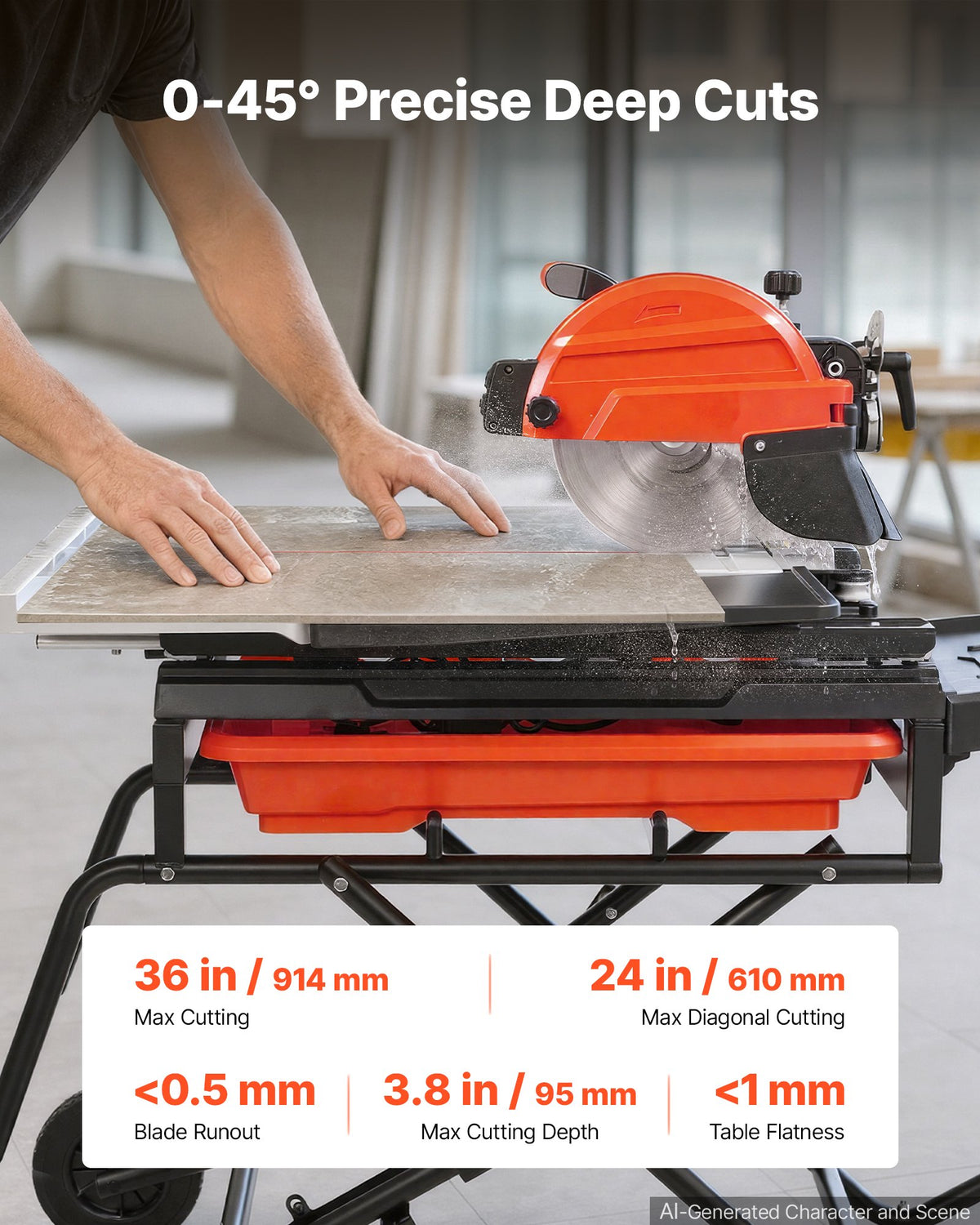 VEVOR Wet Tile Saw with Stand 10 Inch 65Mn Steel Blade Tile Cutter Wet Saw, for Cutting Tiles and Stones, 0-45° Adjustable Bevel Cut, 15-Amp
