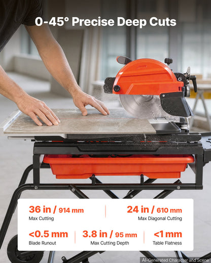 VEVOR Wet Tile Saw with Stand 10 Inch 65Mn Steel Blade Tile Cutter Wet Saw, for Cutting Tiles and Stones, 0-45° Adjustable Bevel Cut, 15-Amp