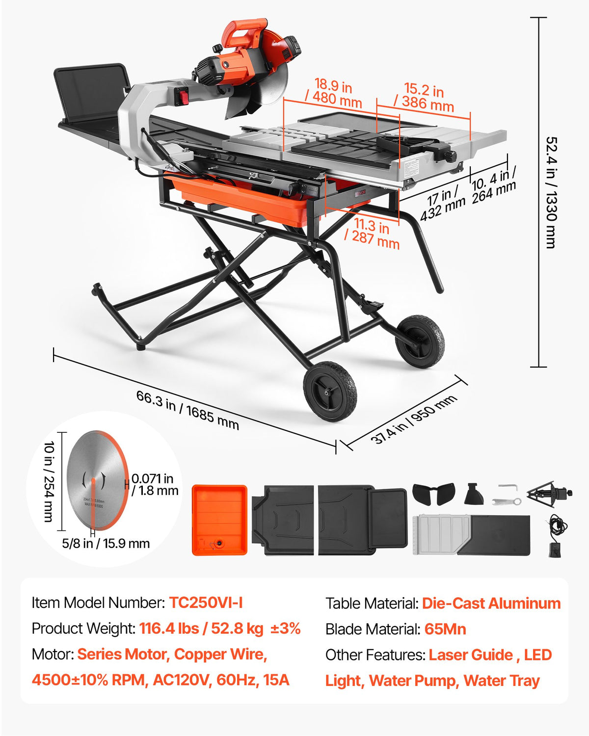 VEVOR Wet Tile Saw with Stand 10 Inch 65Mn Steel Blade Tile Cutter Wet Saw, for Cutting Tiles and Stones, 0-45° Adjustable Bevel Cut, 15-Amp