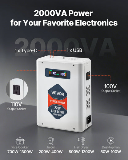 VEVOR Step Down Voltage Converter, 2000VA, Heavy Duty Voltage Power Converter, 220V to 110V Power Transformer, with 2 US Outlets, USB Output, LCD Display, Temperature Protection, for 110V Appliances - DXDYZHQJY110IDWO5001V7 - view 3