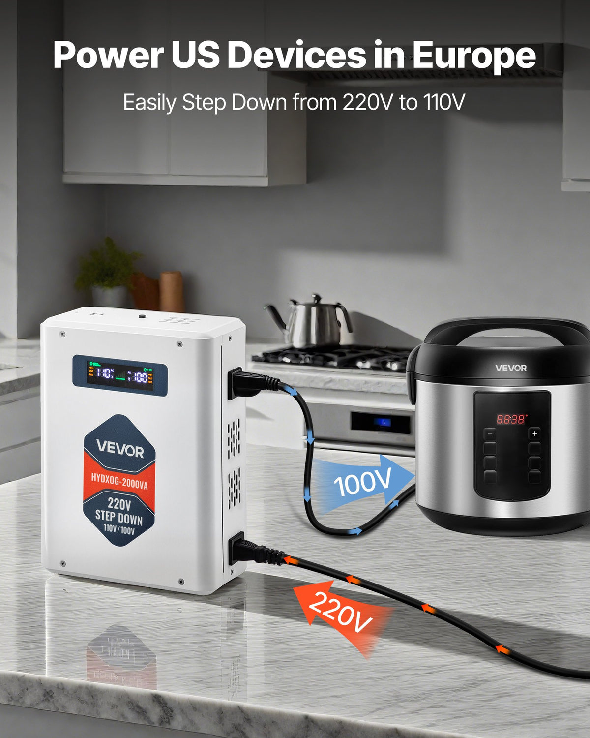 VEVOR Step Down Voltage Converter, 2000VA, Heavy Duty Voltage Power Converter, 220V to 110V Power Transformer, with 2 US Outlets, USB Output, LCD Display, Temperature Protection, for 110V Appliances - DXDYZHQJY110IDWO5001V7 - view 4