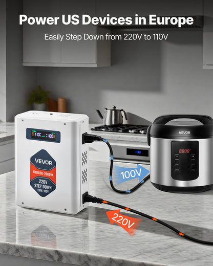 VEVOR Step Down Voltage Converter, 2000VA, Heavy Duty Voltage Power Converter, 220V to 110V Power Transformer, with 2 US Outlets, USB Output, LCD Display, Temperature Protection, for 110V Appliances - DXDYZHQJY110IDWO5001V7 - view 4
