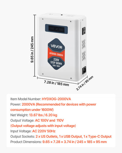 VEVOR Step Down Voltage Converter, 2000VA, Heavy Duty Voltage Power Converter, 220V to 110V Power Transformer, with 2 US Outlets, USB Output, LCD Display, Temperature Protection, for 110V Appliances - DXDYZHQJY110IDWO5001V7 - view 8