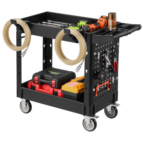 VEVOR Utility Cart, 550 lbs Capacity, 2 Tier Service Cart with 360° Swivel & Fixed Wheels (2 with Brakes), Heavy Duty Plastic Rolling with Tray and Pegboard, Tool Storage for Garage Warehouse Workshop - DXFSSYTCDXAMB0YQL001V0 - view 2