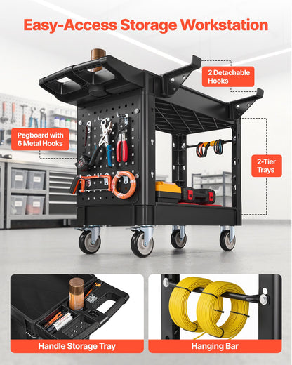VEVOR Utility Cart, 550 lbs Capacity, 2 Tier Service Cart with 360° Swivel & Fixed Wheels (2 with Brakes), Heavy Duty Plastic Rolling with Tray and Pegboard, Tool Storage for Garage Warehouse Workshop - DXFSSYTCDXAMB0YQL001V0 - view 4