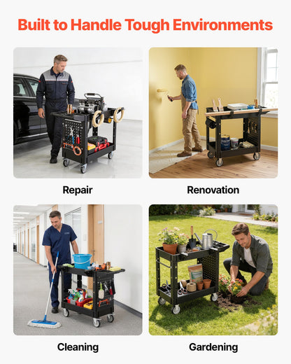 VEVOR Utility Cart, 550 lbs Capacity, 2 Tier Service Cart with 360° Swivel & Fixed Wheels (2 with Brakes), Heavy Duty Plastic Rolling with Tray and Pegboard, Tool Storage for Garage Warehouse Workshop - DXFSSYTCDXAMB0YQL001V0 - view 6