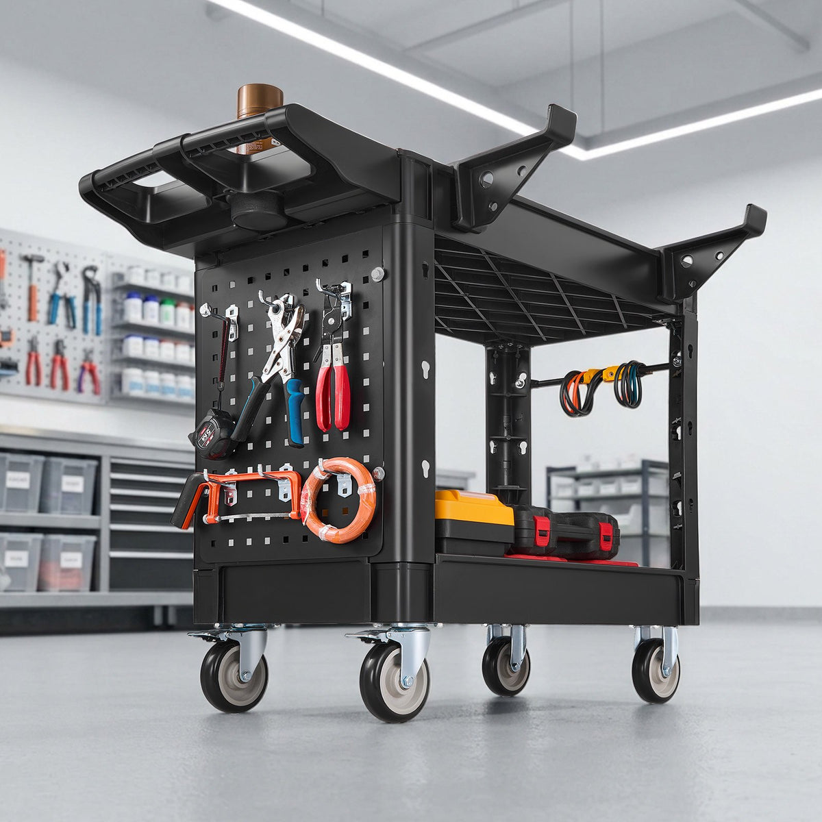 VEVOR Utility Cart, 550 lbs Capacity, 2 Tier Service Cart with 360° Swivel & Fixed Wheels (2 with Brakes), Heavy Duty Plastic Rolling with Tray and Pegboard, Tool Storage for Garage Warehouse Workshop - DXFSSYTCDXAMB0YQL001V0 - view 9