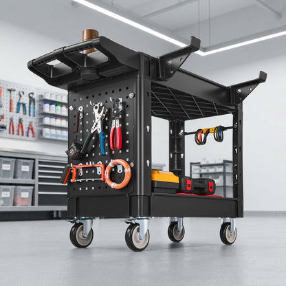 VEVOR Utility Cart, 550 lbs Capacity, 2 Tier Service Cart with 360° Swivel & Fixed Wheels (2 with Brakes), Heavy Duty Plastic Rolling with Tray and Pegboard, Tool Storage for Garage Warehouse Workshop - DXFSSYTCDXAMB0YQL001V0 - view 9