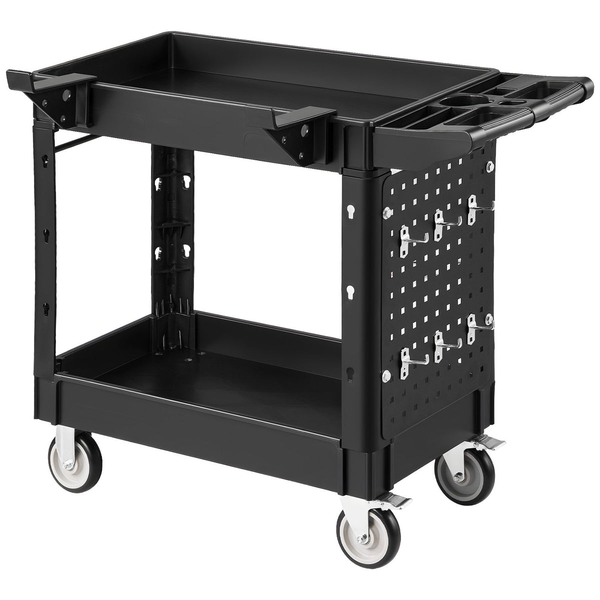VEVOR Utility Cart, 550 lbs Capacity, 2 Tier Service Cart with 360° Swivel & Fixed Wheels (2 with Brakes), Heavy Duty Plastic Rolling with Tray and Pegboard, Tool Storage for Garage Warehouse Workshop - DXFSSYTCDXAMB0YQL001V0 - view 10