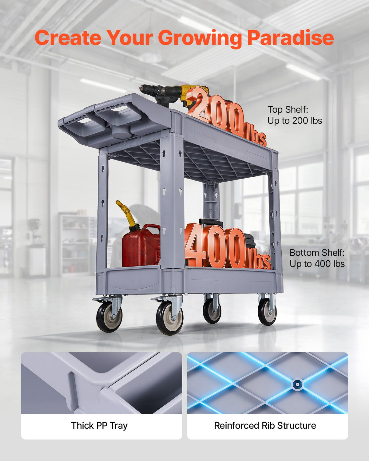 VEVOR Utility Cart, 550 lbs Capacity, 2 Tier Service Cart with 360° Swivel & Fixed Wheels (2 with Brakes), Heavy Duty Plastic Rolling with Storage Tray, Tool Storage for Garage Warehouse Workshop - DXFSSYTCDXAMKT0KA001V0 - view 3