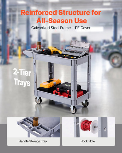VEVOR Utility Cart, 550 lbs Capacity, 2 Tier Service Cart with 360° Swivel & Fixed Wheels (2 with Brakes), Heavy Duty Plastic Rolling with Storage Tray, Tool Storage for Garage Warehouse Workshop - DXFSSYTCDXAMKT0KA001V0 - view 4