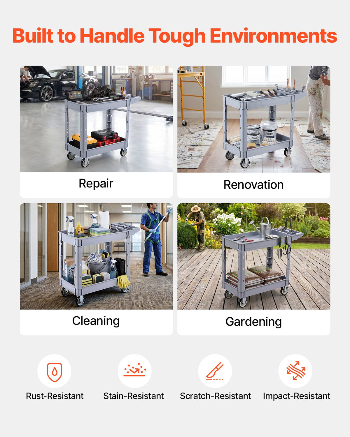 VEVOR Utility Cart, 550 lbs Capacity, 2 Tier Service Cart with 360° Swivel & Fixed Wheels (2 with Brakes), Heavy Duty Plastic Rolling with Storage Tray, Tool Storage for Garage Warehouse Workshop - DXFSSYTCDXAMKT0KA001V0 - view 6