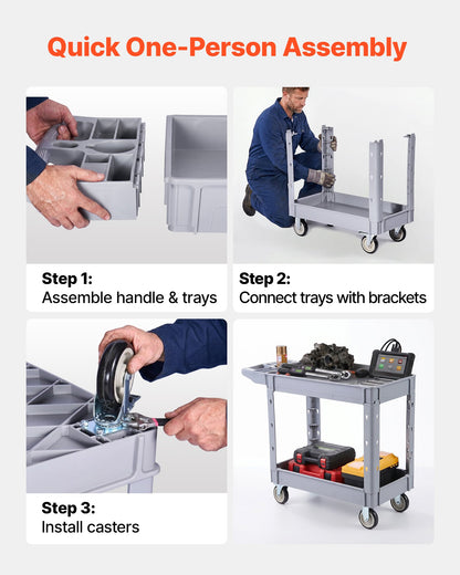 VEVOR Utility Cart, 550 lbs Capacity, 2 Tier Service Cart with 360° Swivel & Fixed Wheels (2 with Brakes), Heavy Duty Plastic Rolling with Storage Tray, Tool Storage for Garage Warehouse Workshop - DXFSSYTCDXAMKT0KA001V0 - view 7