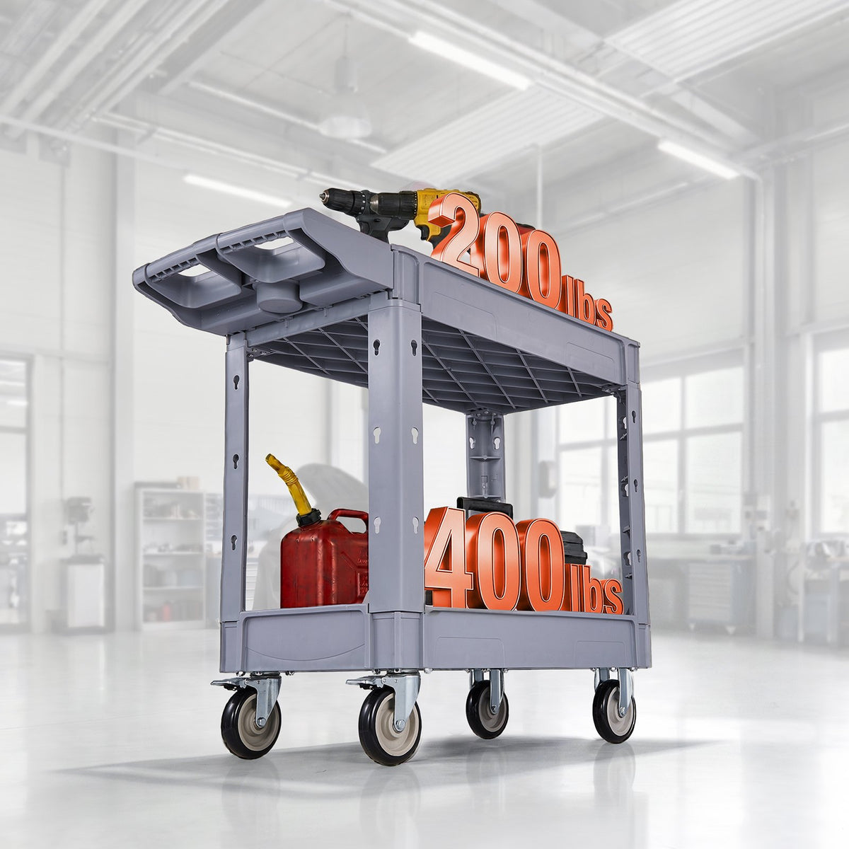 VEVOR Utility Cart, 550 lbs Capacity, 2 Tier Service Cart with 360° Swivel & Fixed Wheels (2 with Brakes), Heavy Duty Plastic Rolling with Storage Tray, Tool Storage for Garage Warehouse Workshop - DXFSSYTCDXAMKT0KA001V0 - view 9