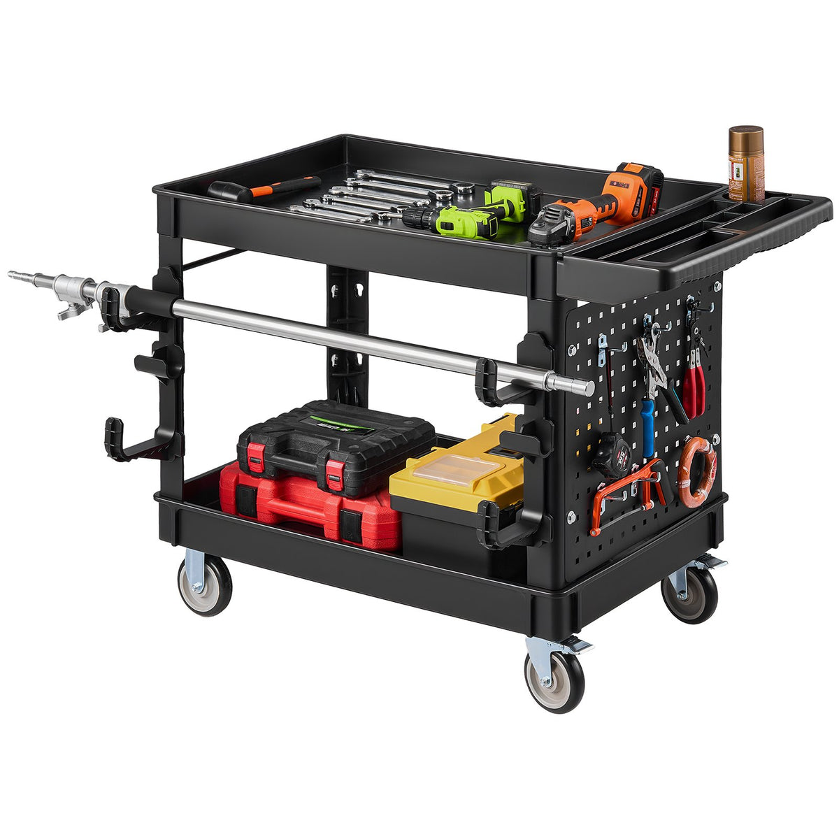 VEVOR Utility Cart, 550 lbs Capacity, 2 Tier Service Cart with 360° Swivel & Fixed Wheels (2 with Brakes), Heavy Duty Plastic Rolling with Tray and Pegboard, Tool Storage for Garage Warehouse, Black - DXFSSYTCDXAMPXOJB001V0 - view 1