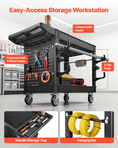 VEVOR Utility Cart, 550 lbs Capacity, 2 Tier Service Cart with 360° Swivel & Fixed Wheels (2 with Brakes), Heavy Duty Plastic Rolling with Tray and Pegboard, Tool Storage for Garage Warehouse, Black - DXFSSYTCDXAMPXOJB001V0 - view 4