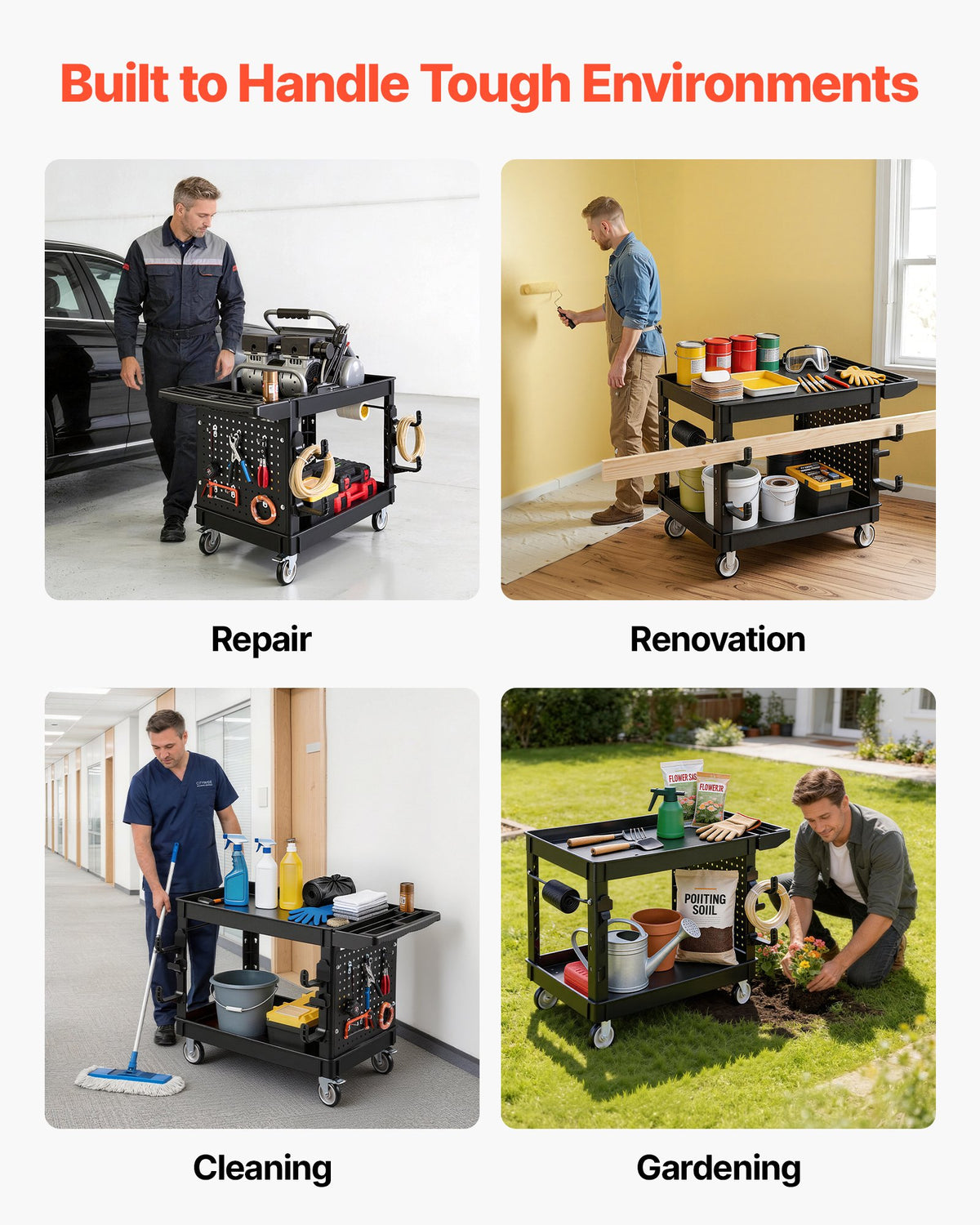VEVOR Utility Cart, 550 lbs Capacity, 2 Tier Service Cart with 360° Swivel & Fixed Wheels (2 with Brakes), Heavy Duty Plastic Rolling with Tray and Pegboard, Tool Storage for Garage Warehouse, Black - DXFSSYTCDXAMPXOJB001V0 - view 6