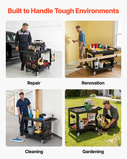 VEVOR Utility Cart, 550 lbs Capacity, 2 Tier Service Cart with 360° Swivel & Fixed Wheels (2 with Brakes), Heavy Duty Plastic Rolling with Tray and Pegboard, Tool Storage for Garage Warehouse, Black - DXFSSYTCDXAMPXOJB001V0 - view 6