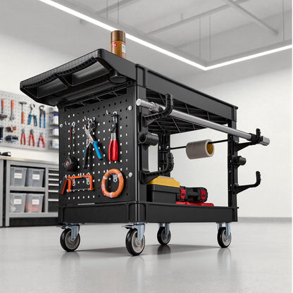 VEVOR Utility Cart, 550 lbs Capacity, 2 Tier Service Cart with 360° Swivel & Fixed Wheels (2 with Brakes), Heavy Duty Plastic Rolling with Tray and Pegboard, Tool Storage for Garage Warehouse, Black - DXFSSYTCDXAMPXOJB001V0 - view 9