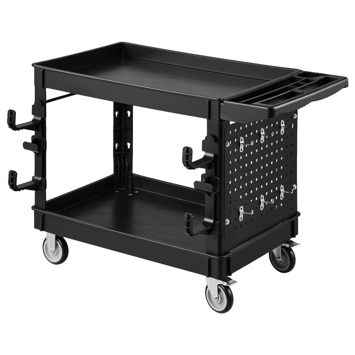 VEVOR Utility Cart, 550 lbs Capacity, 2 Tier Service Cart with 360° Swivel & Fixed Wheels (2 with Brakes), Heavy Duty Plastic Rolling with Tray and Pegboard, Tool Storage for Garage Warehouse, Black - DXFSSYTCDXAMPXOJB001V0 - view 10