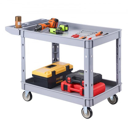 VEVOR Utility Cart, 550 lbs Capacity, 2 Tier Service Cart with 360° Swivel & Fixed Wheels (2 with Brakes), Heavy Duty Plastic Rolling with Storage Tray, Tool Storage for Garage Warehouse Workshop Gray - DXFSSYTCSXAMSMKLU001V0 - view 2