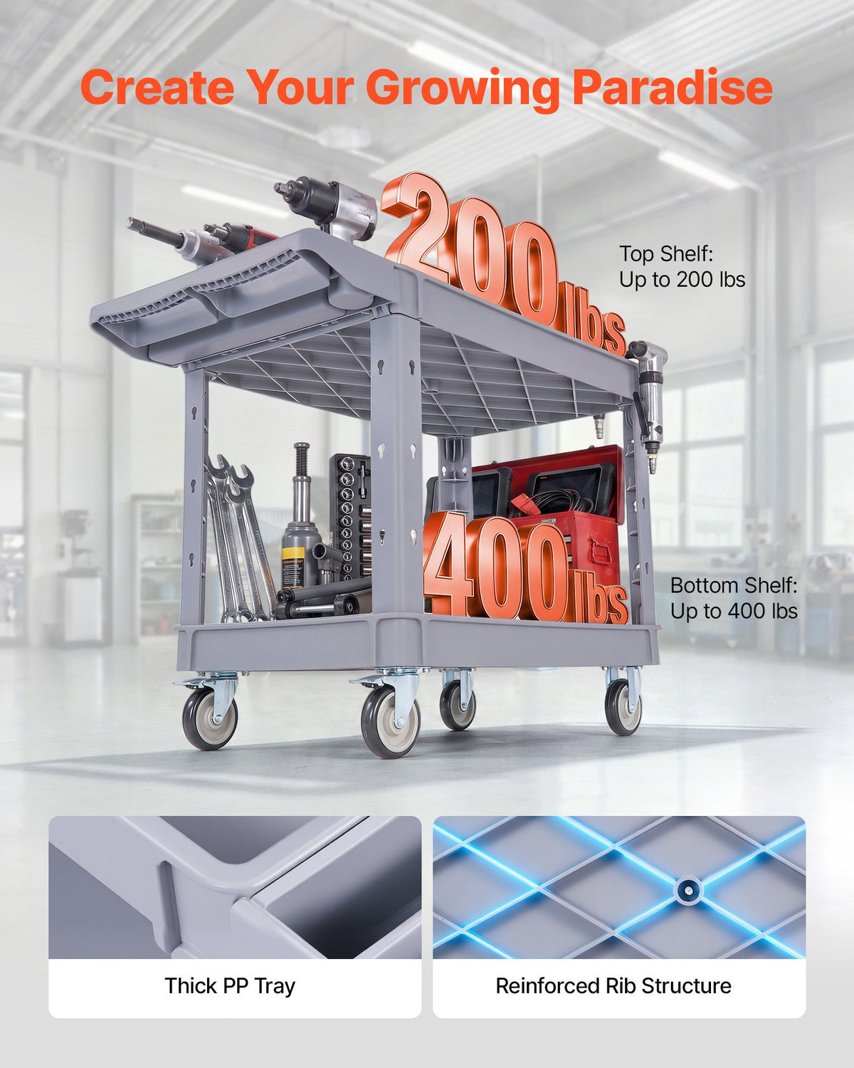 VEVOR Utility Cart, 550 lbs Capacity, 2 Tier Service Cart with 360° Swivel & Fixed Wheels (2 with Brakes), Heavy Duty Plastic Rolling with Storage Tray, Tool Storage for Garage Warehouse Workshop Gray - DXFSSYTCSXAMSMKLU001V0 - view 3