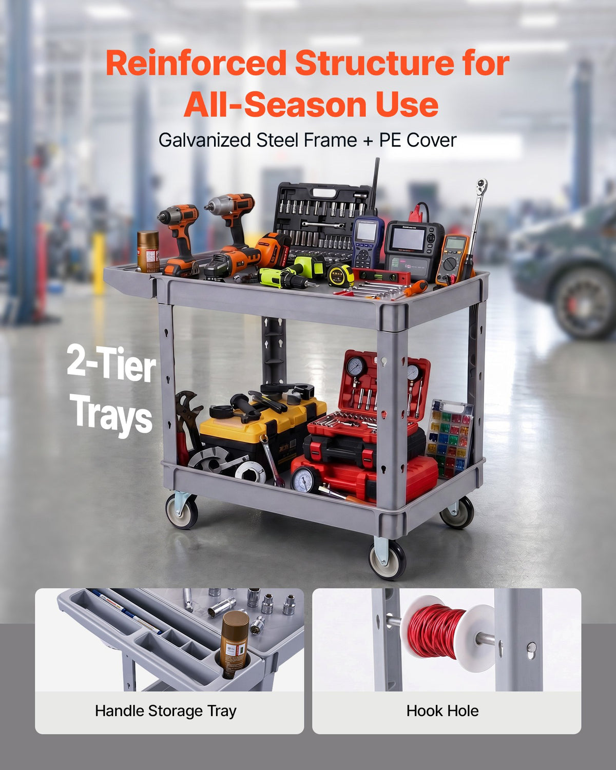 VEVOR Utility Cart, 550 lbs Capacity, 2 Tier Service Cart with 360° Swivel & Fixed Wheels (2 with Brakes), Heavy Duty Plastic Rolling with Storage Tray, Tool Storage for Garage Warehouse Workshop Gray - DXFSSYTCSXAMSMKLU001V0 - view 4