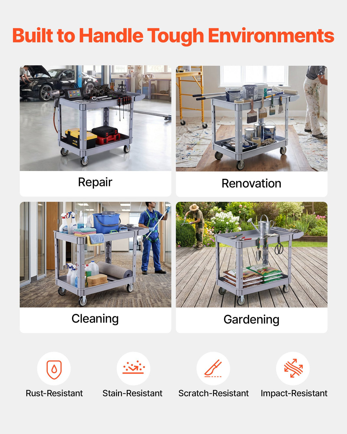 VEVOR Utility Cart, 550 lbs Capacity, 2 Tier Service Cart with 360° Swivel & Fixed Wheels (2 with Brakes), Heavy Duty Plastic Rolling with Storage Tray, Tool Storage for Garage Warehouse Workshop Gray - DXFSSYTCSXAMSMKLU001V0 - view 6