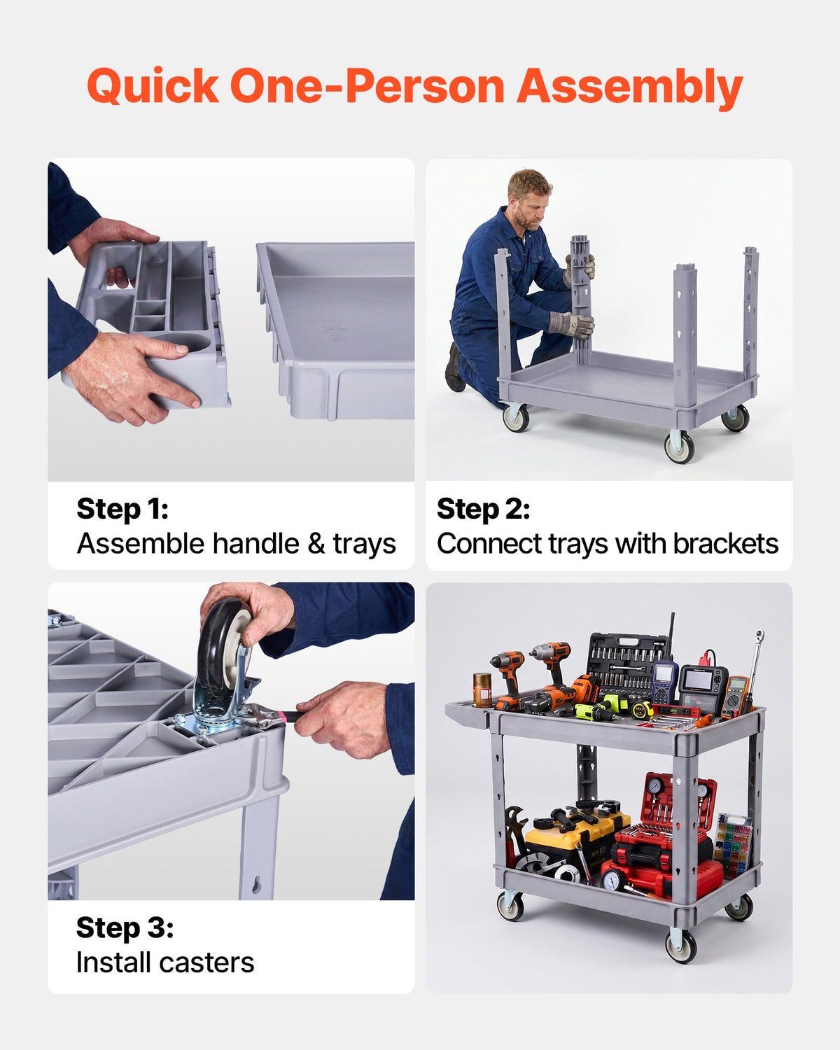 VEVOR Utility Cart, 550 lbs Capacity, 2 Tier Service Cart with 360° Swivel & Fixed Wheels (2 with Brakes), Heavy Duty Plastic Rolling with Storage Tray, Tool Storage for Garage Warehouse Workshop Gray - DXFSSYTCSXAMSMKLU001V0 - view 7