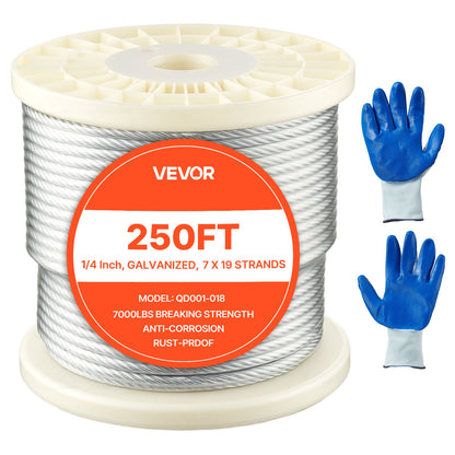 VEVOR 1/4 Inch Wire Rope, 250 ft Length, Zinc Galvanized Carbon Steel Cable with Gloves, 7000 lbs Breaking Strength, 7 x 19 Strands Construction, Wire Cable for Deck Railing System, Garden Trellis - DXGSSDXQT14I95RCZ002V0 - view 1