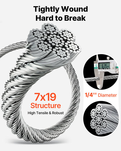 VEVOR 1/4 Inch Wire Rope, 250 ft Length, Zinc Galvanized Carbon Steel Cable with Gloves, 7000 lbs Breaking Strength, 7 x 19 Strands Construction, Wire Cable for Deck Railing System, Garden Trellis - DXGSSDXQT14I95RCZ002V0 - view 4