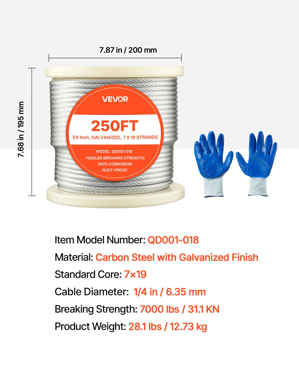 VEVOR 1/4 Inch Wire Rope, 250 ft Length, Zinc Galvanized Carbon Steel Cable with Gloves, 7000 lbs Breaking Strength, 7 x 19 Strands Construction, Wire Cable for Deck Railing System, Garden Trellis - DXGSSDXQT14I95RCZ002V0 - view 8