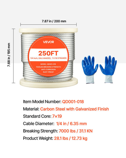VEVOR 1/4 Inch Wire Rope, 250 ft Length, Zinc Galvanized Carbon Steel Cable with Gloves, 7000 lbs Breaking Strength, 7 x 19 Strands Construction, Wire Cable for Deck Railing System, Garden Trellis - DXGSSDXQT14I95RCZ002V0 - view 8