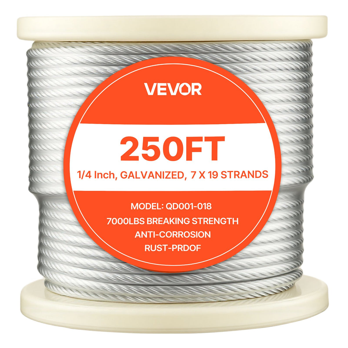 VEVOR 1/4 Inch Wire Rope, 250 ft Length, Zinc Galvanized Carbon Steel Cable with Gloves, 7000 lbs Breaking Strength, 7 x 19 Strands Construction, Wire Cable for Deck Railing System, Garden Trellis - DXGSSDXQT14I95RCZ002V0 - view 10