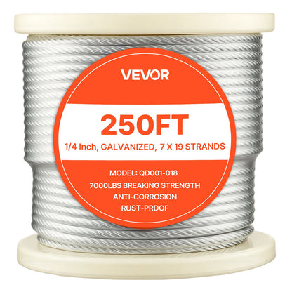 VEVOR 1/4 Inch Wire Rope, 250 ft Length, Zinc Galvanized Carbon Steel Cable with Gloves, 7000 lbs Breaking Strength, 7 x 19 Strands Construction, Wire Cable for Deck Railing System, Garden Trellis - DXGSSDXQT14I95RCZ002V0 - view 10