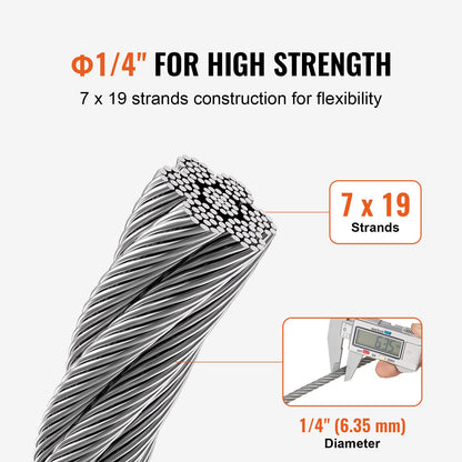 VEVOR Wire Rope, 1/4" 250 ft Zinc Galvanized Carbon Steel Cable with Gloves, 7000 lbs Breaking Strength, 7 x 19 Strands Construction Marine Aircraft Grade for Handrail Stair Decking Fence Outdoors - DXGSSDXQT14I95RCZV0 - view 4