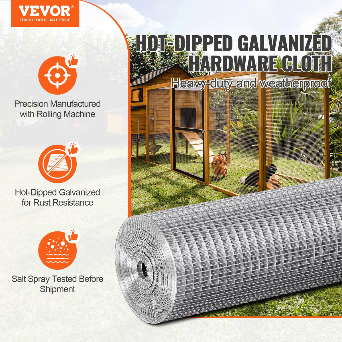 VEVOR Hardware Cloth 1/2 inch 24 inch x 25 ft 19 Gauge Chicken Wire Fence, Hot-Dip Galvanized After Welding Metal Wire Mesh Roll, Garden Plant Welded Fencing Roll Supports Poultry Netting Cage Fence - DXGSWL19GA24NK337001V0 - view 3