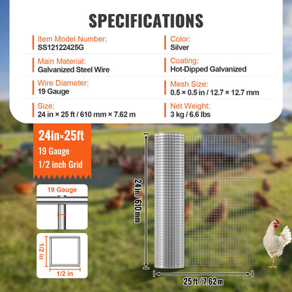 VEVOR Hardware Cloth 1/2 inch 24 inch x 25 ft 19 Gauge Chicken Wire Fence, Hot-Dip Galvanized After Welding Metal Wire Mesh Roll, Garden Plant Welded Fencing Roll Supports Poultry Netting Cage Fence - DXGSWL19GA24NK337001V0 - view 8