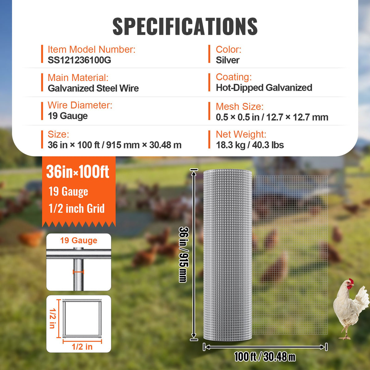 VEVOR Hardware Cloth 1/2 inch 36 inch x 100 ft 19 Gauge Chicken Wire Fence, Hot-Dip Galvanized After Welding Metal Wire Mesh Roll, Garden Plant Welded Fencing Roll Supports Poultry Netting Cage Fence - DXGSWL19GA36VBVZR001V0 - view 8