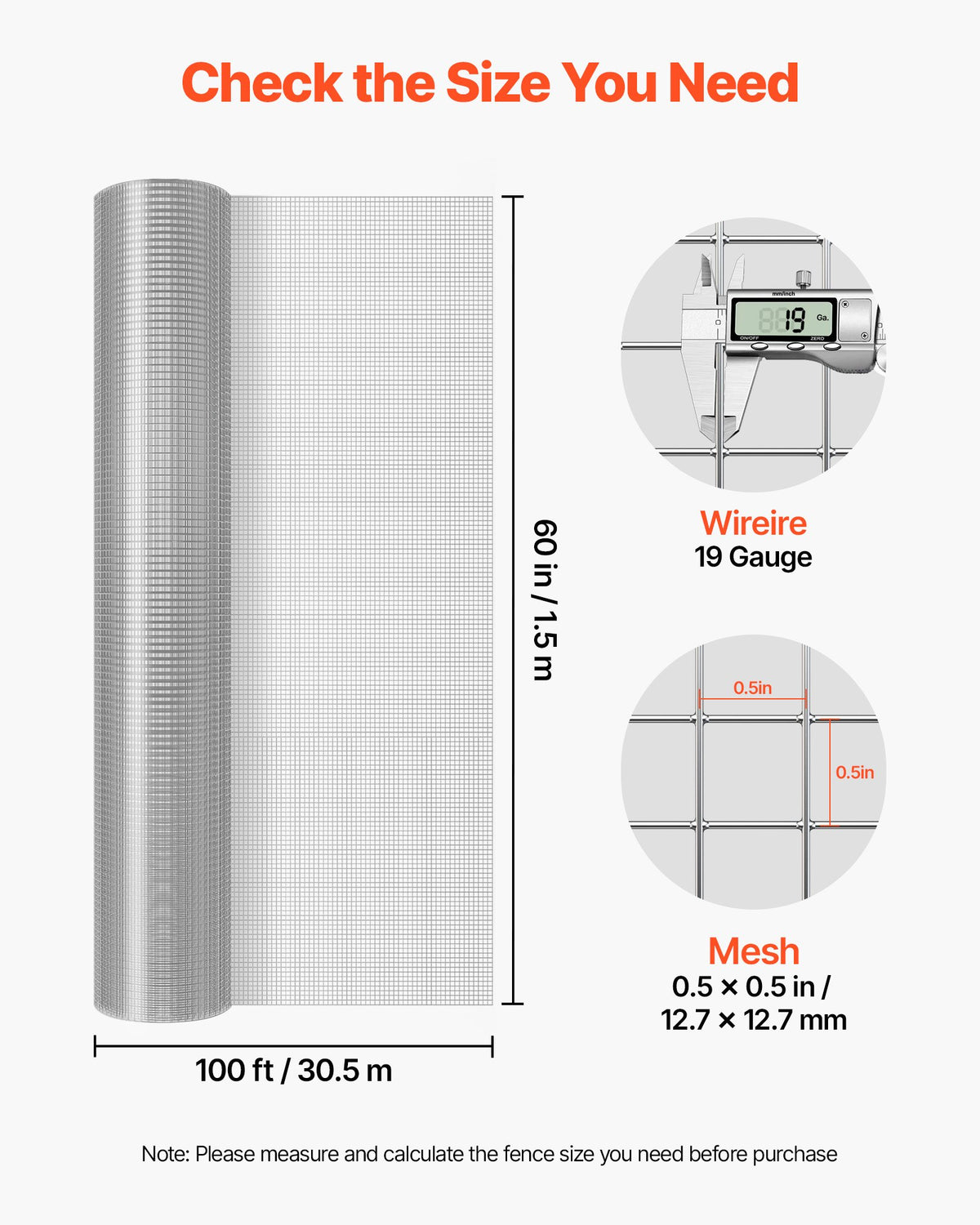 VEVOR Hardware Cloth, 1/2 inch 60 inch x 100 ft 19 Gauge Chicken Wire Fence, Hot-Dip Galvanized After Welding Metal Wire Mesh Roll, Garden Plant Welded Fencing Roll Supports Poultry Netting Cage Fence - DXGSWL19GA60AB0ZO001V0 - view 3