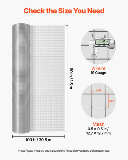 VEVOR Hardware Cloth, 1/2 inch 60 inch x 100 ft 19 Gauge Chicken Wire Fence, Hot-Dip Galvanized After Welding Metal Wire Mesh Roll, Garden Plant Welded Fencing Roll Supports Poultry Netting Cage Fence - DXGSWL19GA60AB0ZO001V0 - view 3