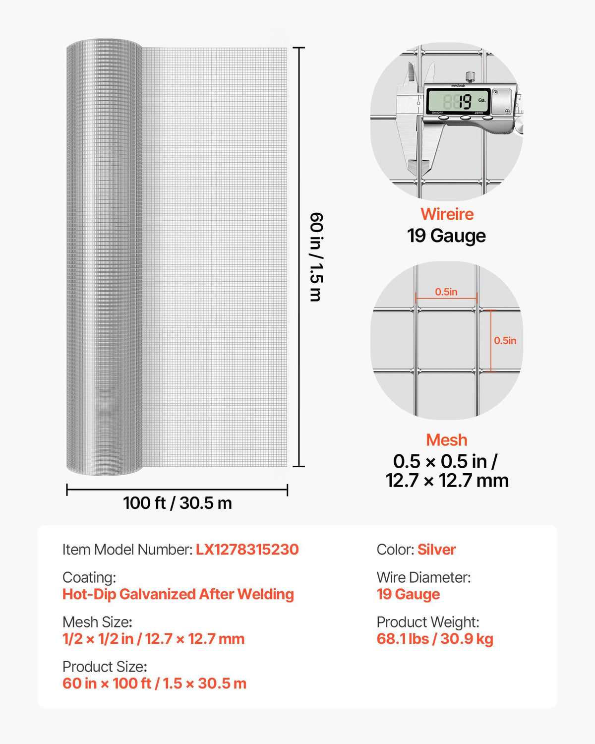 VEVOR Hardware Cloth, 1/2 inch 60 inch x 100 ft 19 Gauge Chicken Wire Fence, Hot-Dip Galvanized After Welding Metal Wire Mesh Roll, Garden Plant Welded Fencing Roll Supports Poultry Netting Cage Fence - DXGSWL19GA60AB0ZO001V0 - view 8