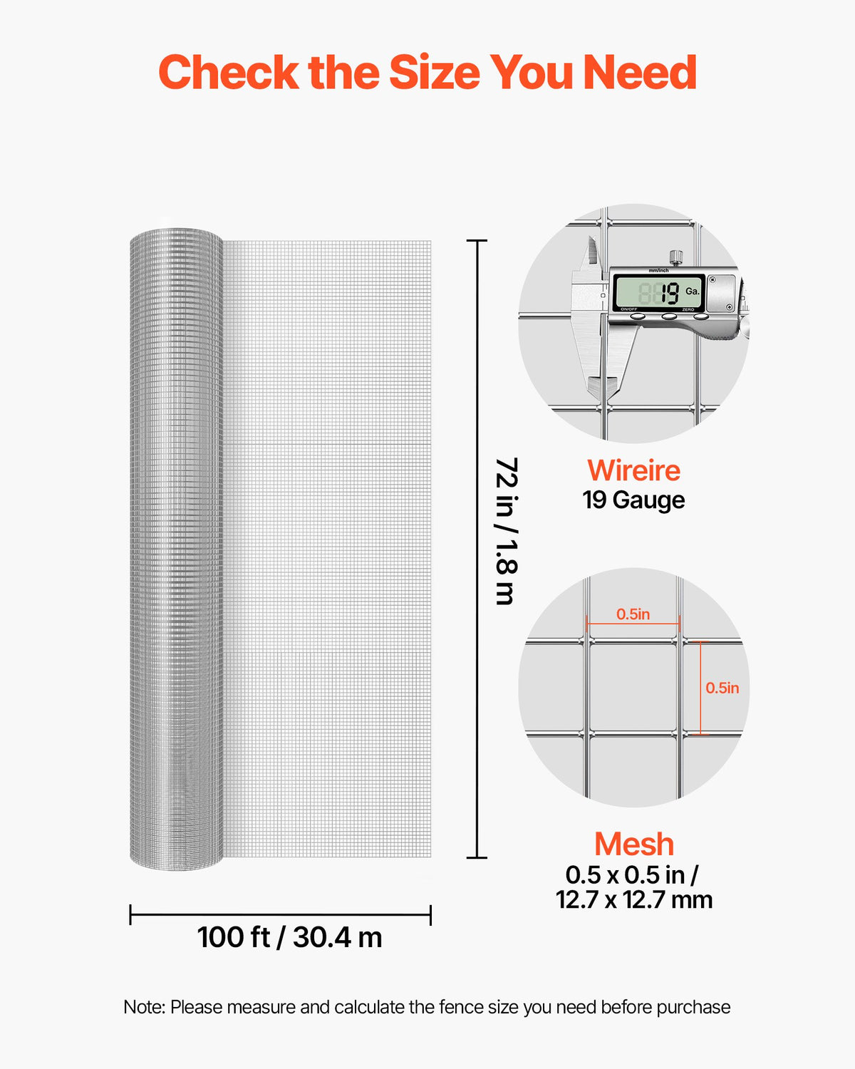 VEVOR Hardware Cloth, 1/2 inch 72 inch x 100 ft 19 Gauge Chicken Wire Fence, Hot-Dip Galvanized After Welding Metal Wire Mesh Roll, Garden Plant Welded Fencing Roll Supports Poultry Netting Cage Fence - DXGSWL19GA72AZE5Z001V0 - view 3