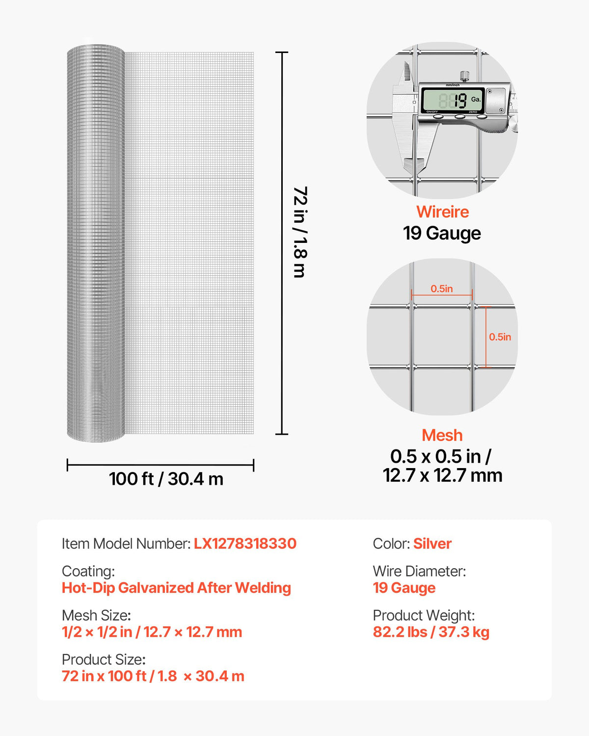 VEVOR Hardware Cloth, 1/2 inch 72 inch x 100 ft 19 Gauge Chicken Wire Fence, Hot-Dip Galvanized After Welding Metal Wire Mesh Roll, Garden Plant Welded Fencing Roll Supports Poultry Netting Cage Fence - DXGSWL19GA72AZE5Z001V0 - view 8