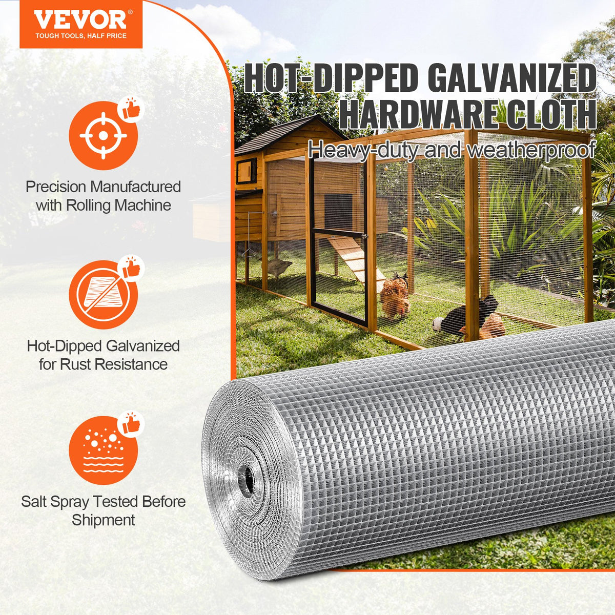 VEVOR Hardware Cloth 1/4 inch 36 inch x 100 ft 23 Gauge Chicken Wire Fence, Hot-Dip Galvanized After Welding Metal Wire Mesh Roll, Garden Plant Welded Fencing Roll Supports Poultry Netting Cage Fence - DXGSWL23GA36ZNOQ5001V0 - view 3