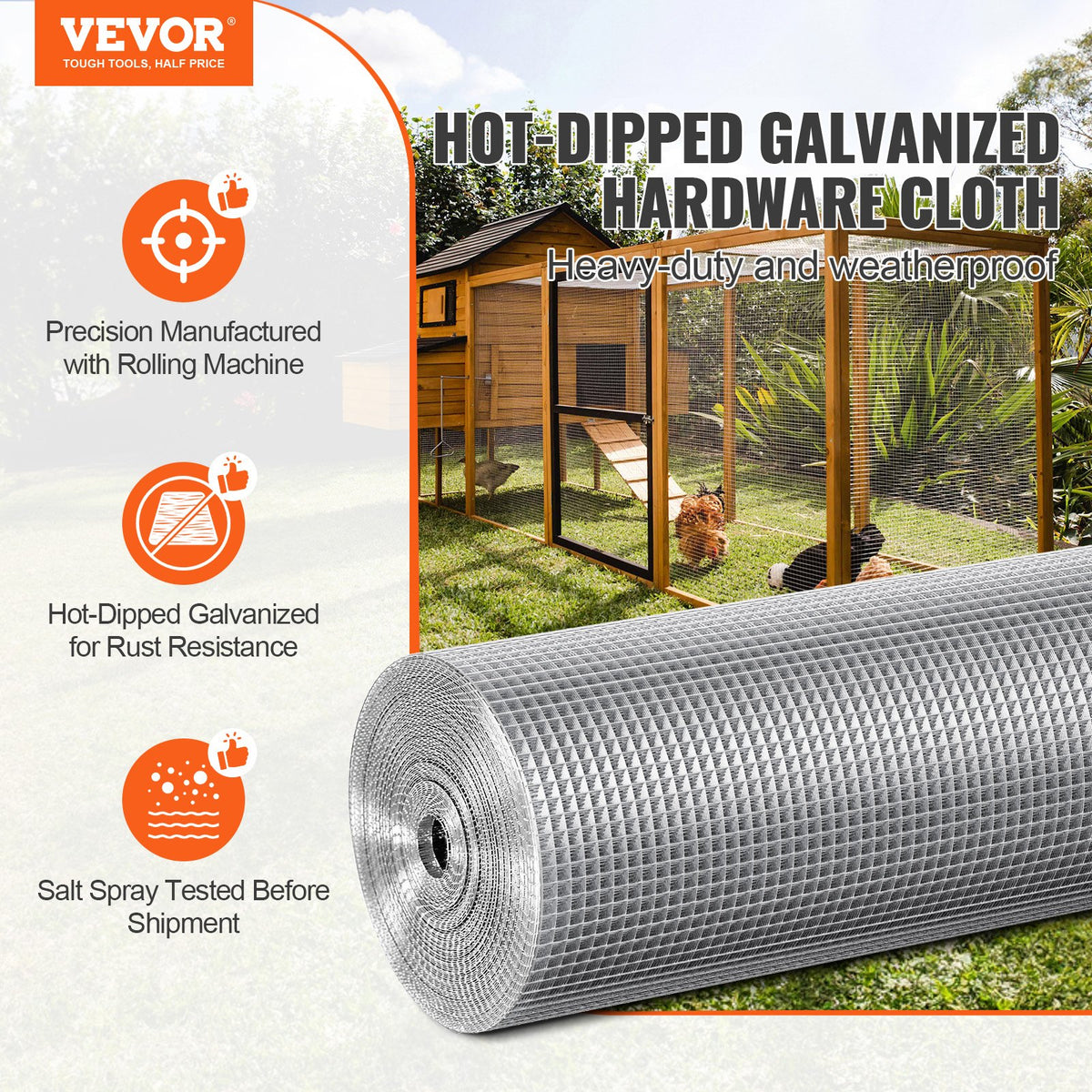 VEVOR Hardware Cloth 1/4 inch 48 inch x 100 ft 23 Gauge Chicken Wire Fence, Hot-Dip Galvanized After Welding Metal Wire Mesh Roll, Garden Plant Welded Fencing Roll Supports Poultry Netting Cage Fence - DXGSWL23GA48XBSZ4001V0 - view 3