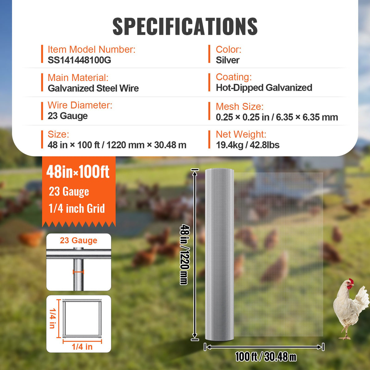 VEVOR Hardware Cloth 1/4 inch 48 inch x 100 ft 23 Gauge Chicken Wire Fence, Hot-Dip Galvanized After Welding Metal Wire Mesh Roll, Garden Plant Welded Fencing Roll Supports Poultry Netting Cage Fence - DXGSWL23GA48XBSZ4001V0 - view 8